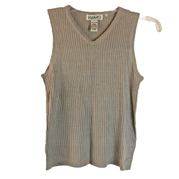 Kevo Women Blouse Top Sz Large Silk Knit Gray Vintage Ribbed Sleeveless V Neck - Picture 1 of 9